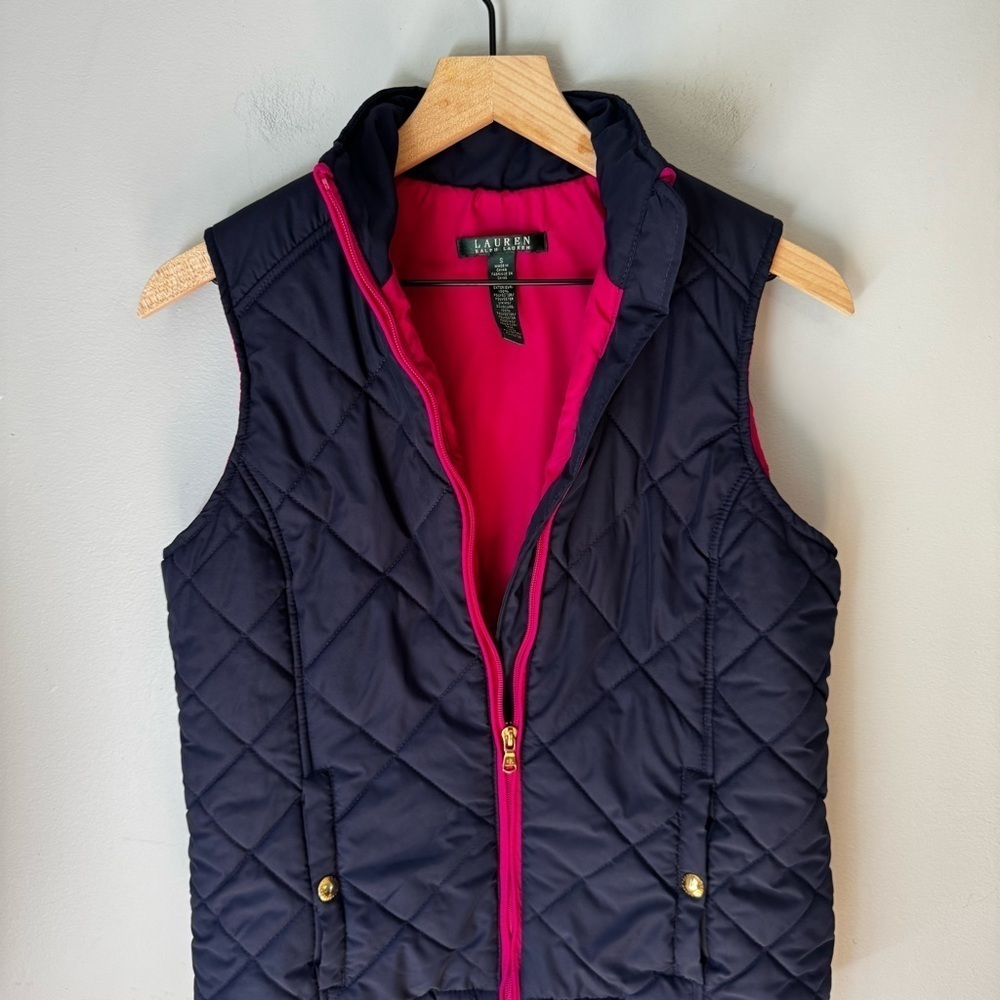 Ralph Lauren Women’s Full Zip Navy Pink Quilted Pocketed Puffer Vest Size Small - Picture 3 of 5